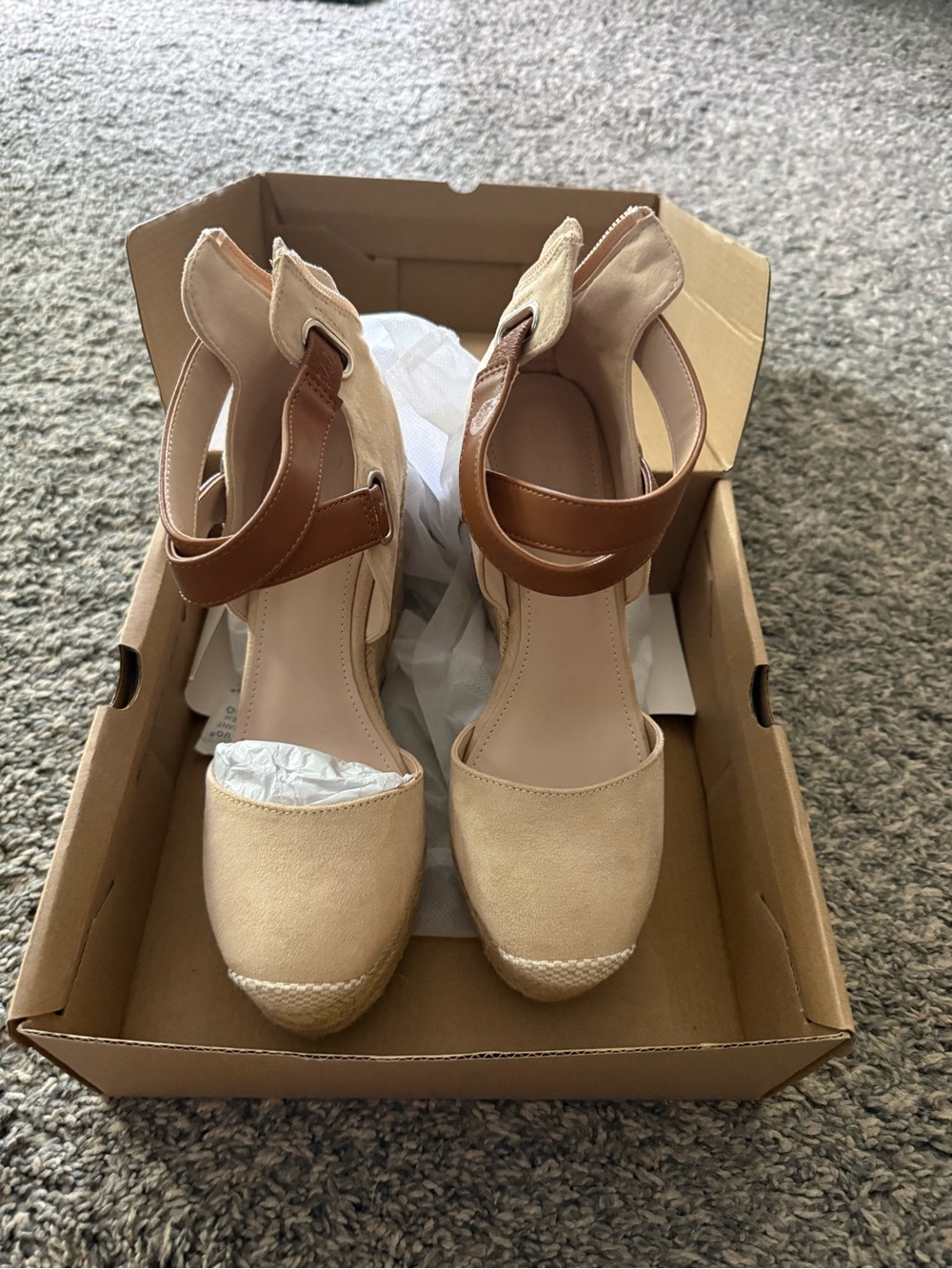 Amazon Beige Espadrille Wedge Sandals with Brown Ankle Straps